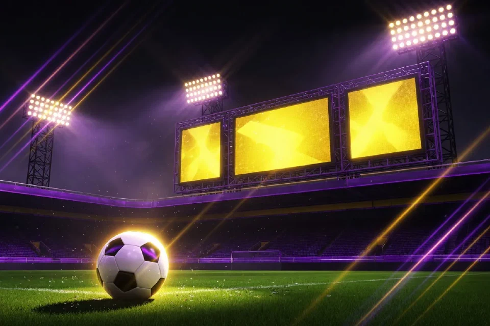 Marcador de estadio con tres paneles iluminados y un balón sobre el césped