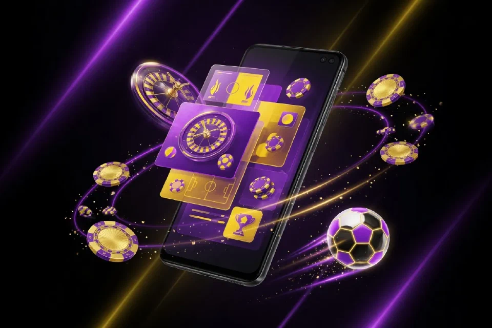 Teléfono Android con iconos de casino y deportes, balón y fichas alrededor