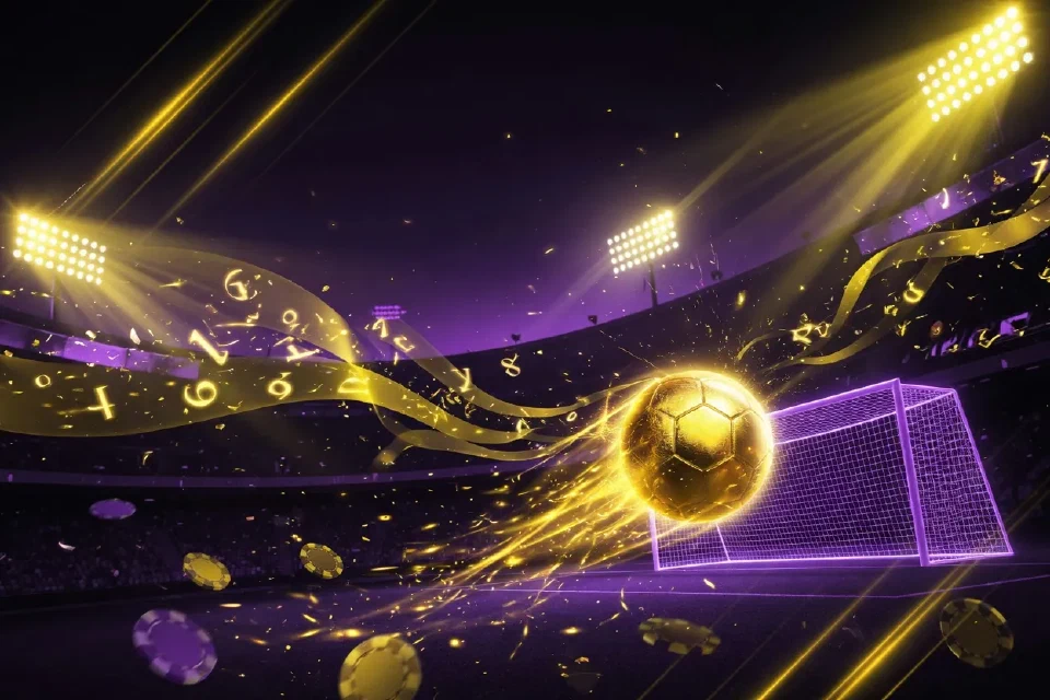 Balón dorado volando hacia la portería en un estadio iluminado