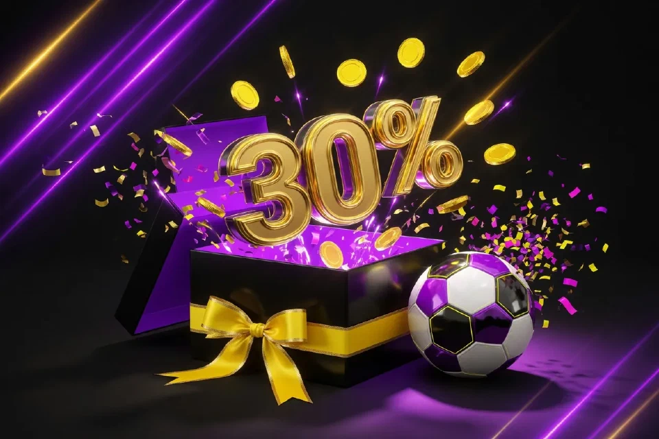 Caja de regalo abierta con un 30% dorado, monedas y balón de fútbol