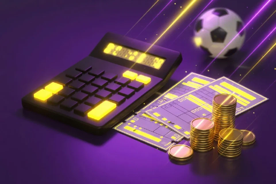 Calculadora negra con teclas amarillas junto a dos boletos y monedas