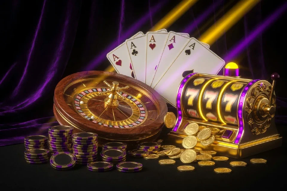 Ruleta, cartas, fichas y una tragamonedas dorada con monedas