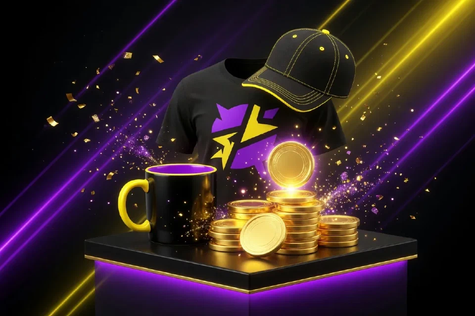 Camiseta, gorra, taza y fichas de puntos doradas en un podio