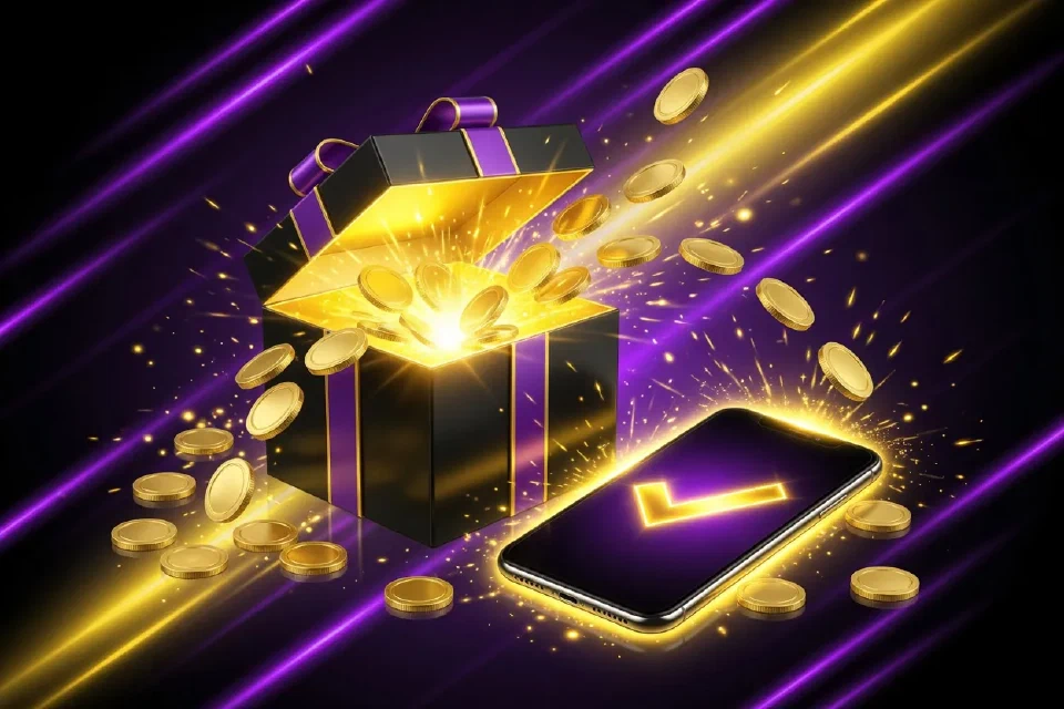 Caja de regalo que se abre sola con monedas junto a un teléfono con marca de verificación