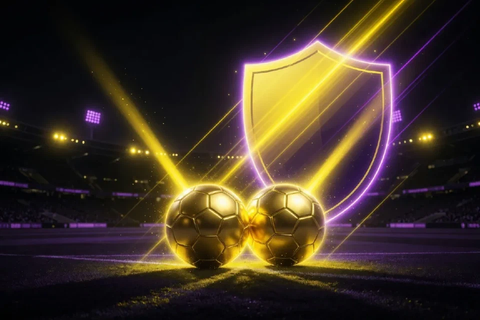 Dos balones dorados juntos frente a un escudo de luz en el estadio