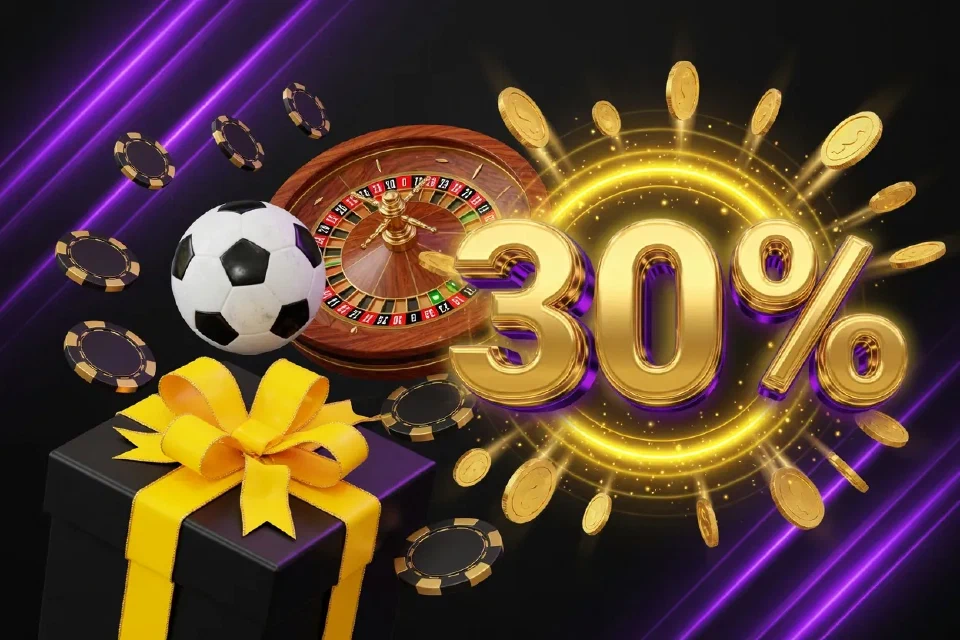 Gran 30% dorado con monedas, balón de fútbol, ruleta y caja de regalo