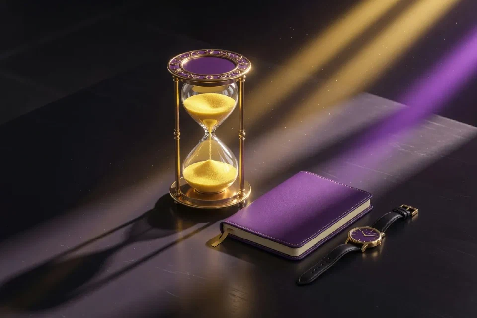 Reloj de arena sobre una mesa junto a una libreta y un reloj de pulsera