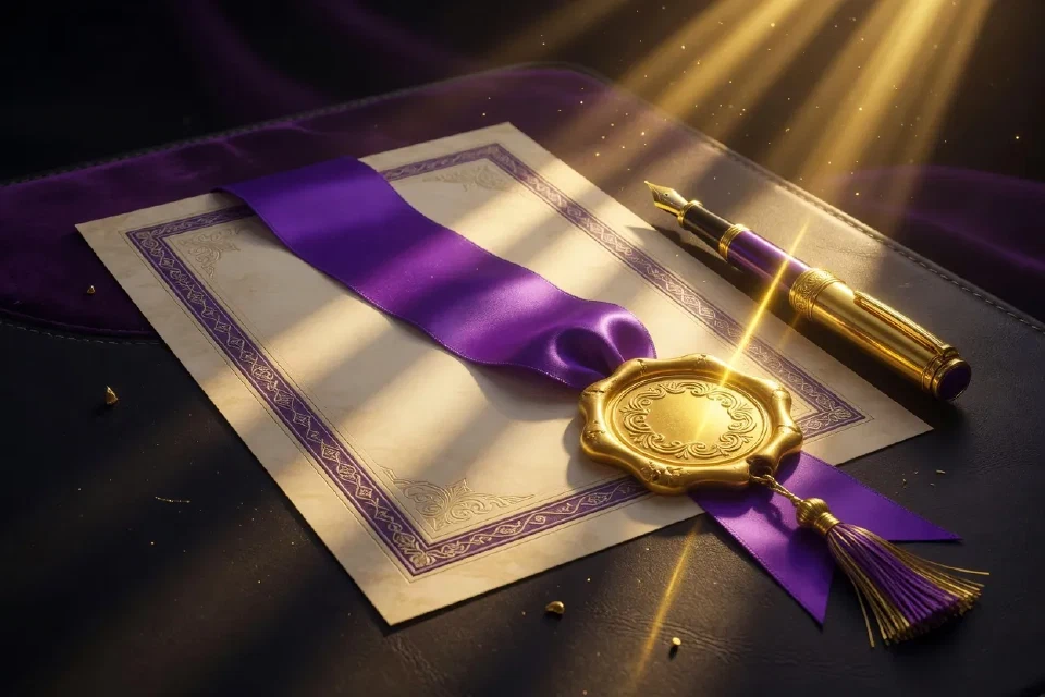 Documento oficial con sello dorado y una pluma sobre un escritorio