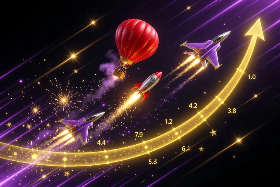 Globo, cohete y avión subiendo por una curva de multiplicador dorada