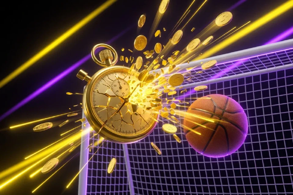 Cronómetro dorado con monedas frente a una portería y un balón de baloncesto