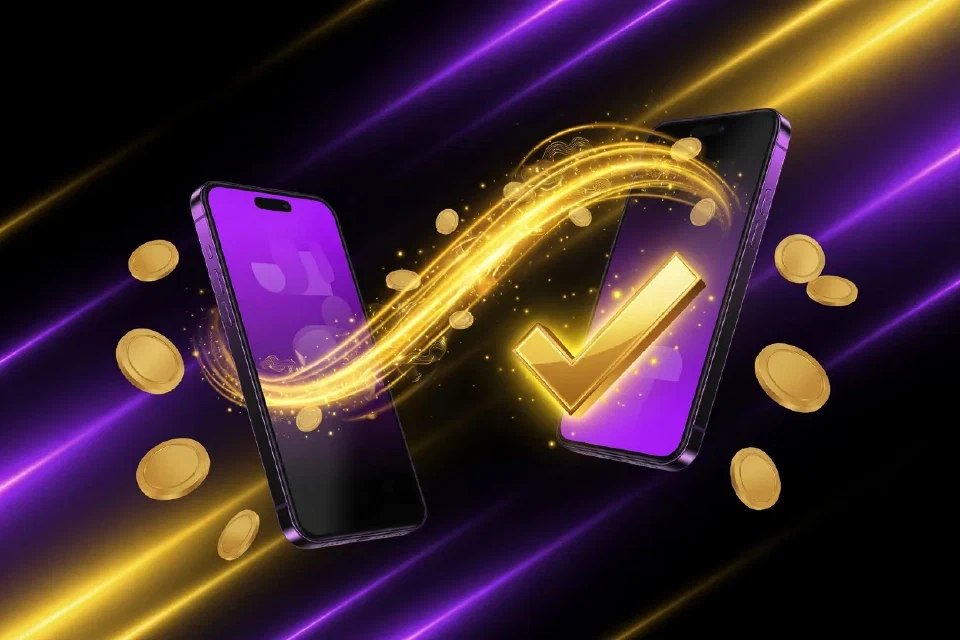 Dos teléfonos intercambiando un pago dorado con marca de verificación
