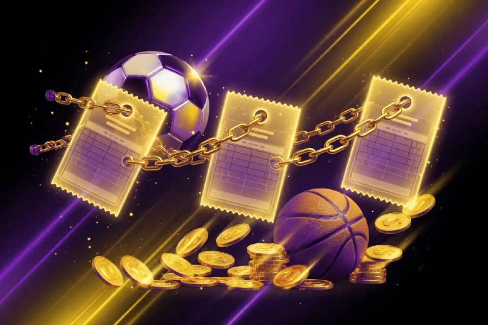 Boletos de apuesta unidos por una cadena dorada con monedas y balones