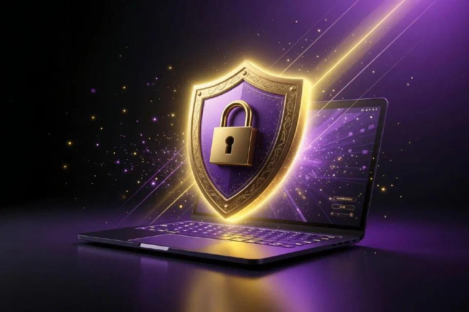 Escudo dorado con candado sobre una computadora portátil