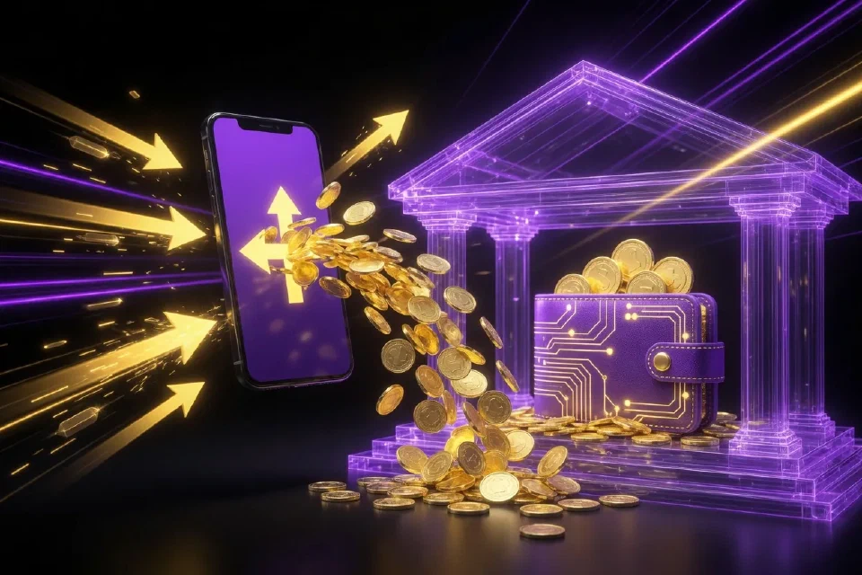 Monedas doradas pasando de un teléfono a un banco y a una billetera digital