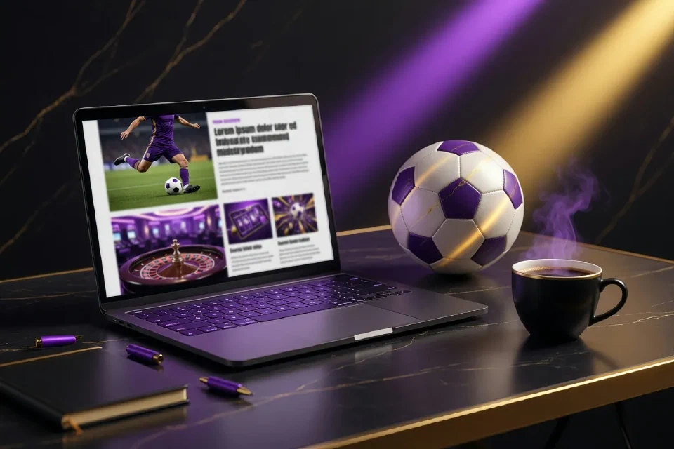 Escritorio con una laptop con artículos de deportes y casino, balón y café