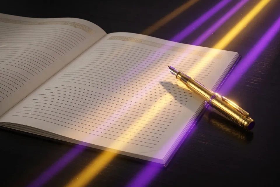 Documento abierto con una pluma estilográfica dorada