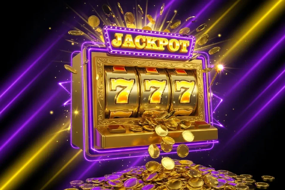 Tragamonedas dorada con tres sietes y monedas saliendo